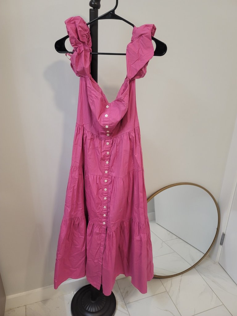 Staud Elio Off-Shoulder Puff Sleeve Tiered Midi Dress In Pink- Size 0